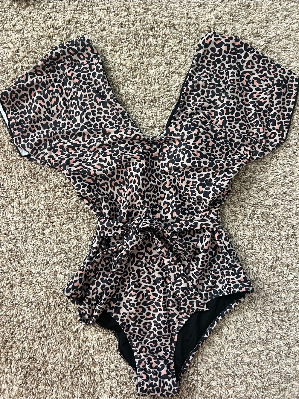 NWT! Flutter Sleeve Leopard-Print One-Piece Swimsuit with Waist Tie Size SMALL